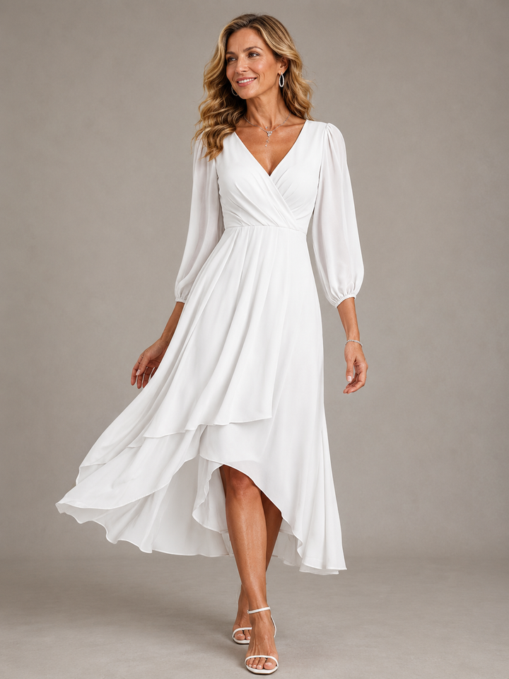 Robe de soirée et de fête midi pour femme, en mousseline, à manches longues et portefeuille