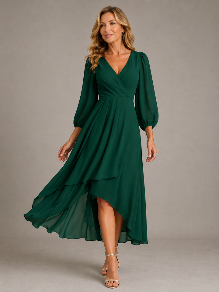 Robe de soirée et de fête midi pour femme, en mousseline, à manches longues et portefeuille
