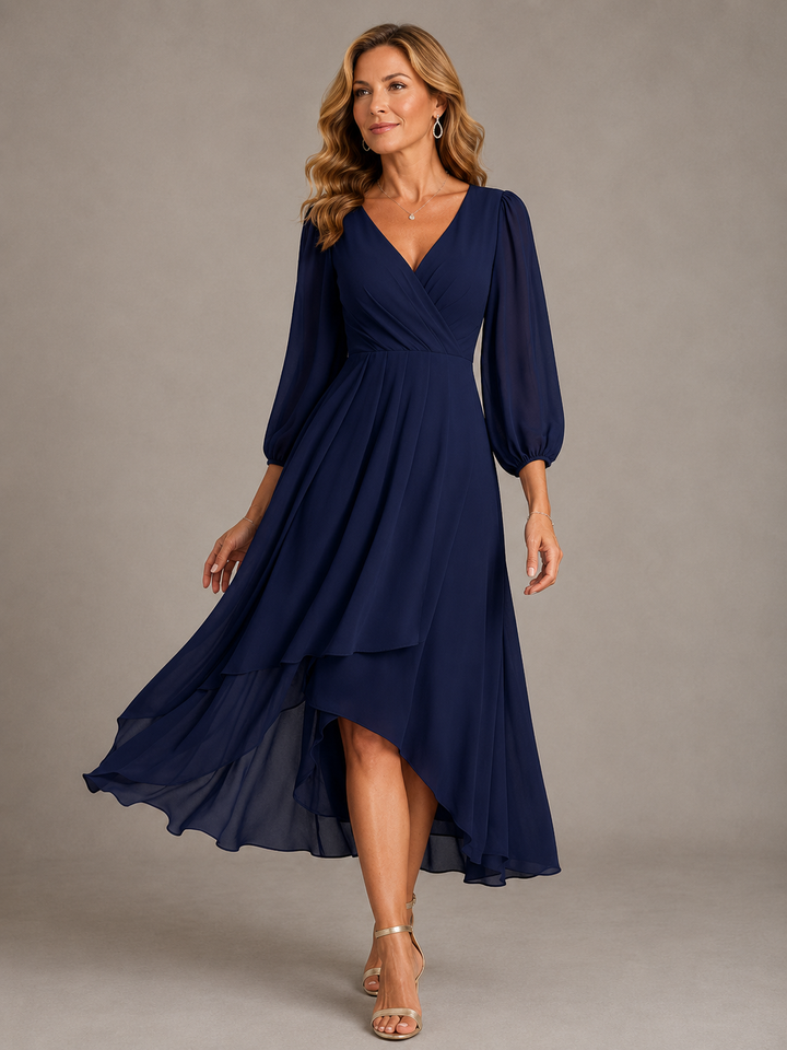 Robe de soirée et de fête midi pour femme, en mousseline, à manches longues et portefeuille