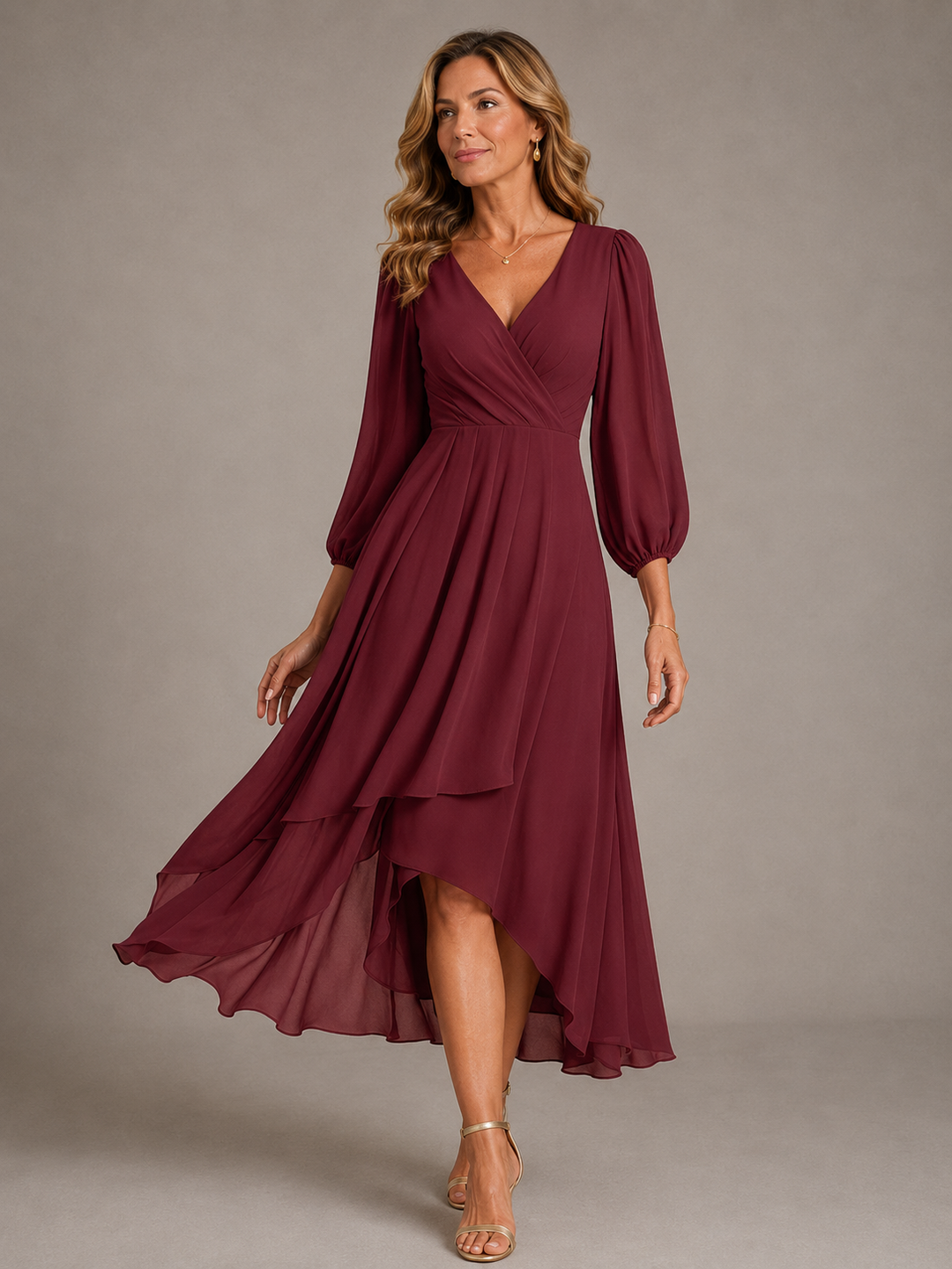 Robe de soirée et de fête midi pour femme, en mousseline, à manches longues et portefeuille