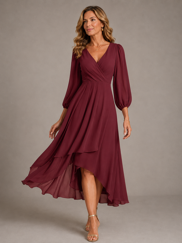 Robe de soirée et de fête midi pour femme, en mousseline, à manches longues et portefeuille