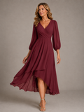 Robe de soirée et de fête midi pour femme, en mousseline, à manches longues et portefeuille