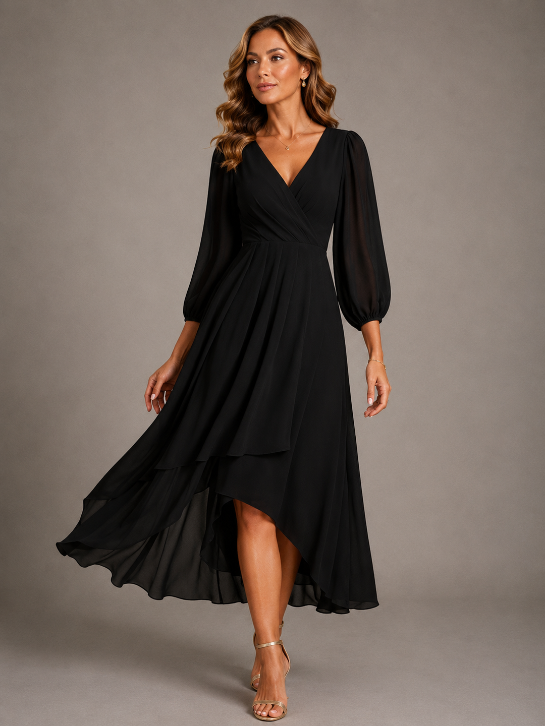 Robe de soirée et de fête midi pour femme, en mousseline, à manches longues et portefeuille