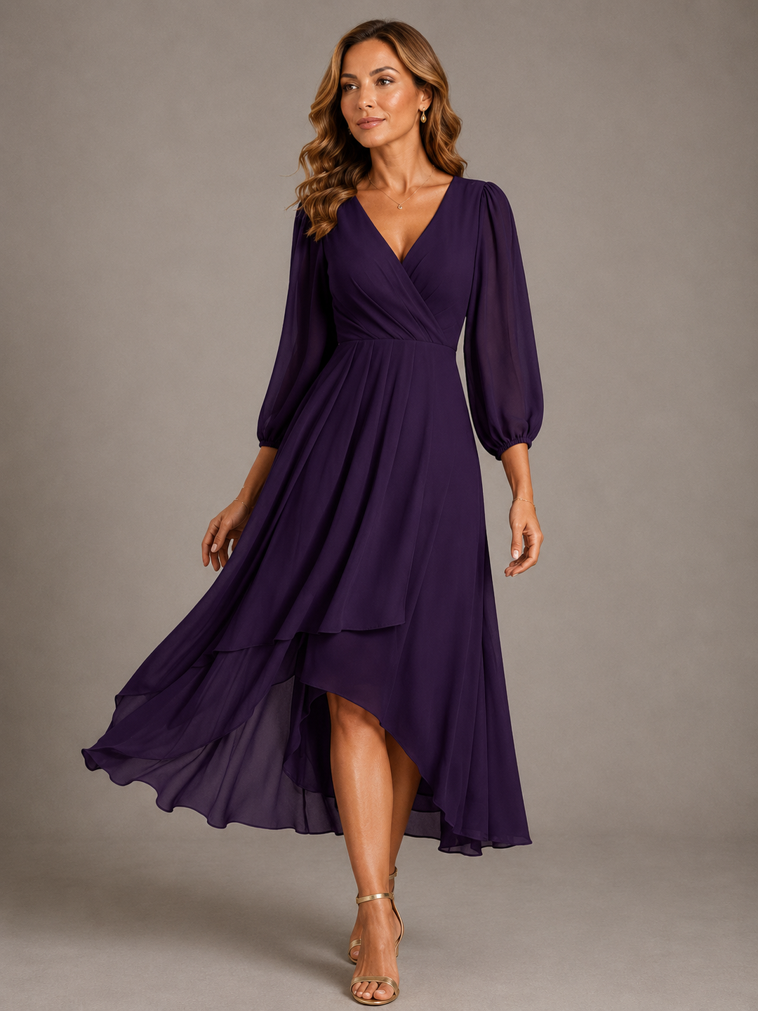 Robe de soirée et de fête midi pour femme, en mousseline, à manches longues et portefeuille