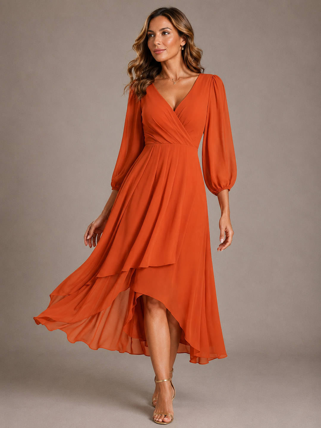 Robe de soirée et de fête midi pour femme, en mousseline, à manches longues et portefeuille