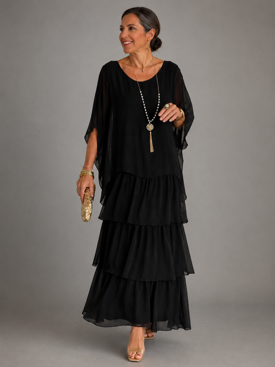 Women's Chiffon Tiered Maxi Dress Batwing Sleeve Cape Gown