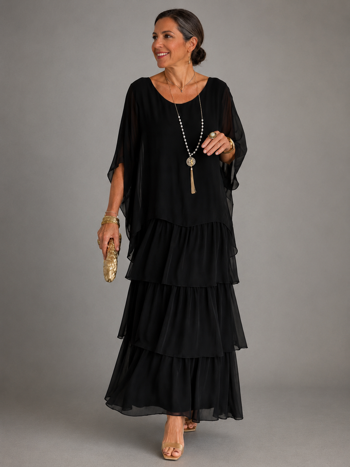 Women's Chiffon Tiered Maxi Dress Batwing Sleeve Cape Gown