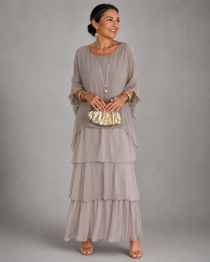 Women's Chiffon Tiered Maxi Dress Batwing Sleeve Cape Gown
