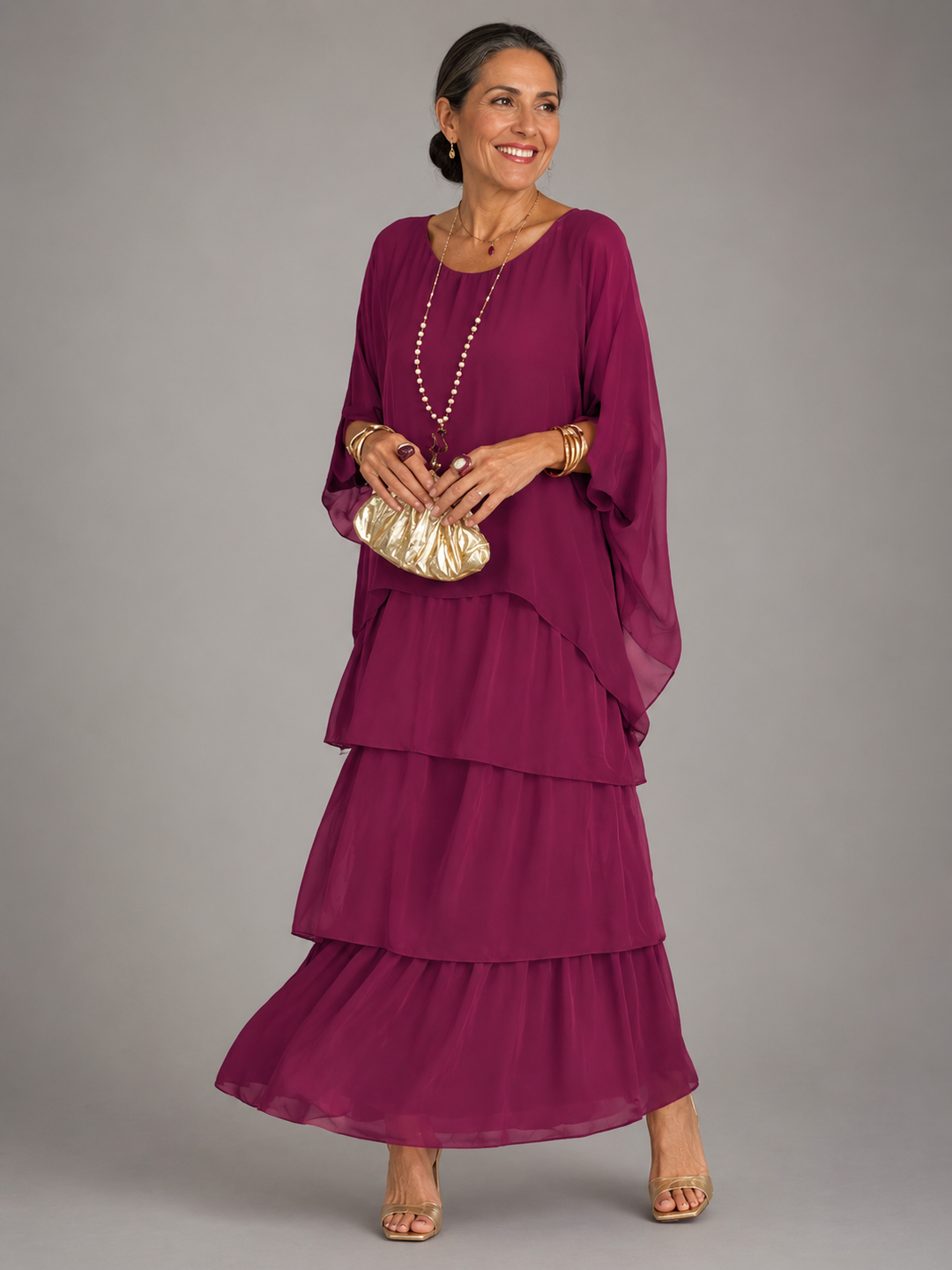 Women's Chiffon Tiered Maxi Dress Batwing Sleeve Cape Gown