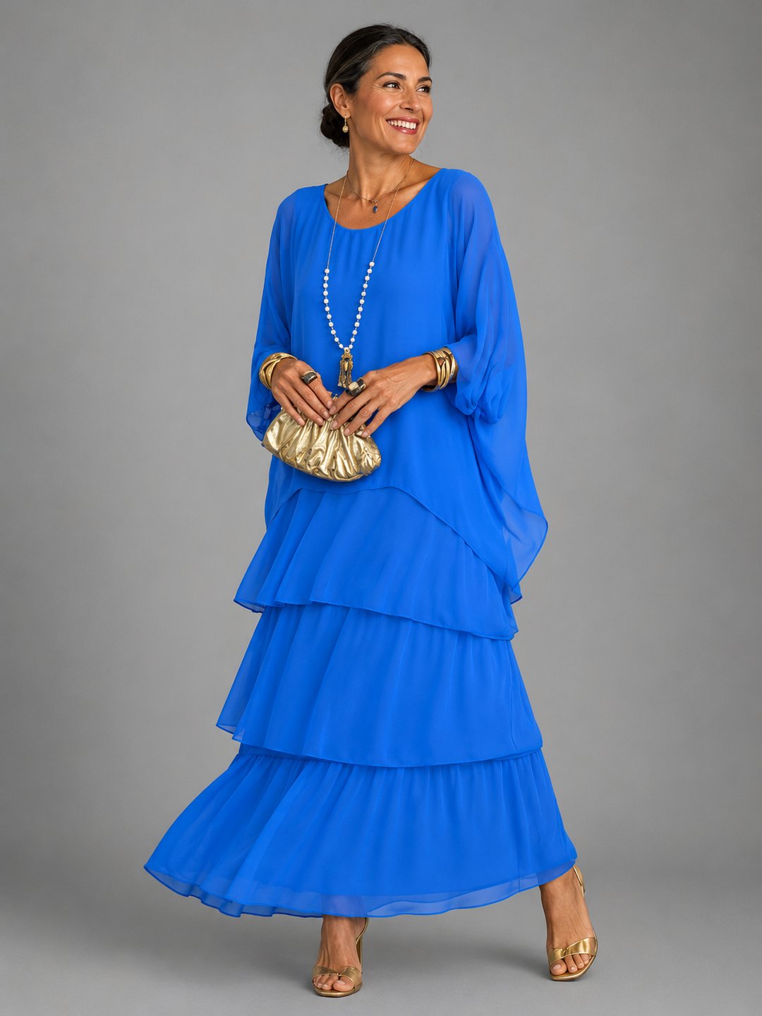 Women's Chiffon Tiered Maxi Dress Batwing Sleeve Cape Gown