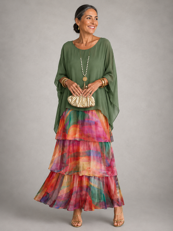 Women's Chiffon Tiered Maxi Dress Batwing Sleeve Cape Gown
