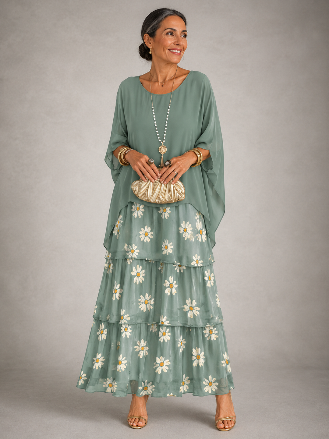 Women's Chiffon Tiered Maxi Dress Batwing Sleeve Cape Gown