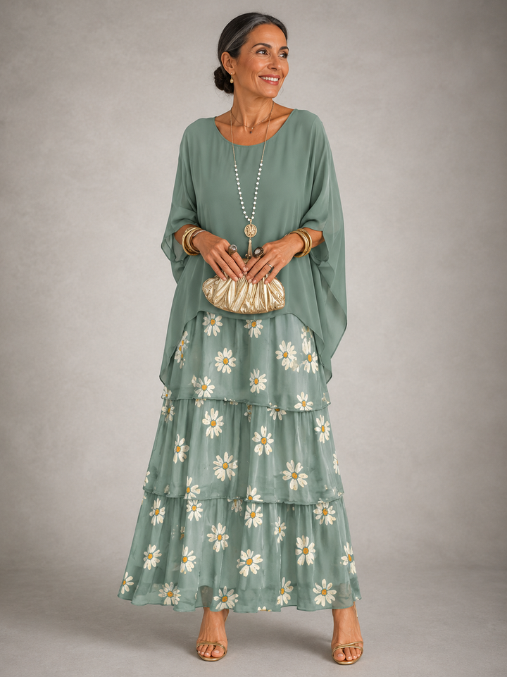 Women's Chiffon Tiered Maxi Dress Batwing Sleeve Cape Gown