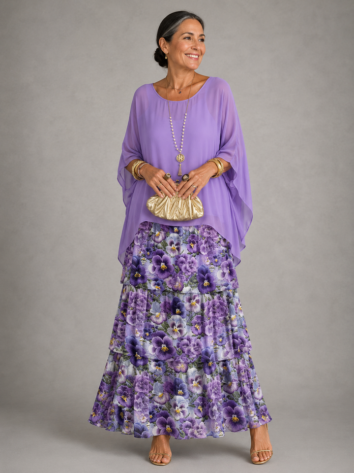 Women's Chiffon Tiered Maxi Dress Batwing Sleeve Cape Gown