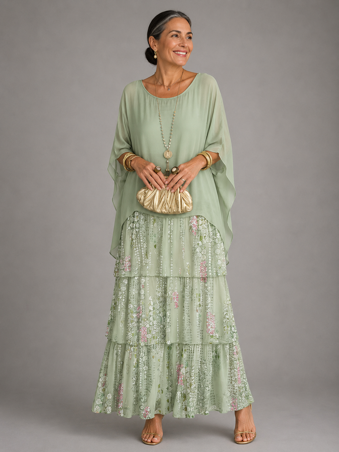 Women's Chiffon Tiered Maxi Dress Batwing Sleeve Cape Gown