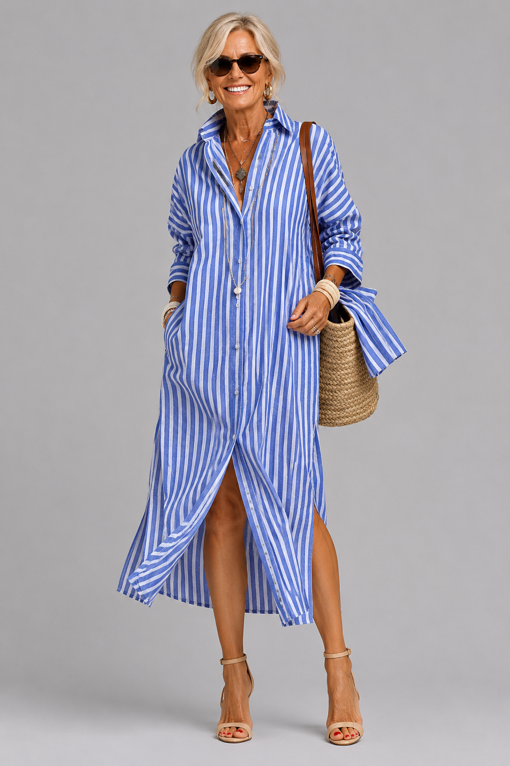 Women's Striped Linen Blend Midi Shirt Dress