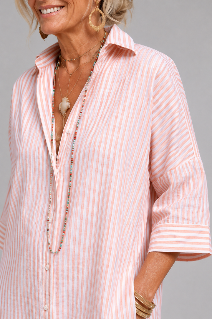 Women's Striped Linen Blend Midi Shirt Dress