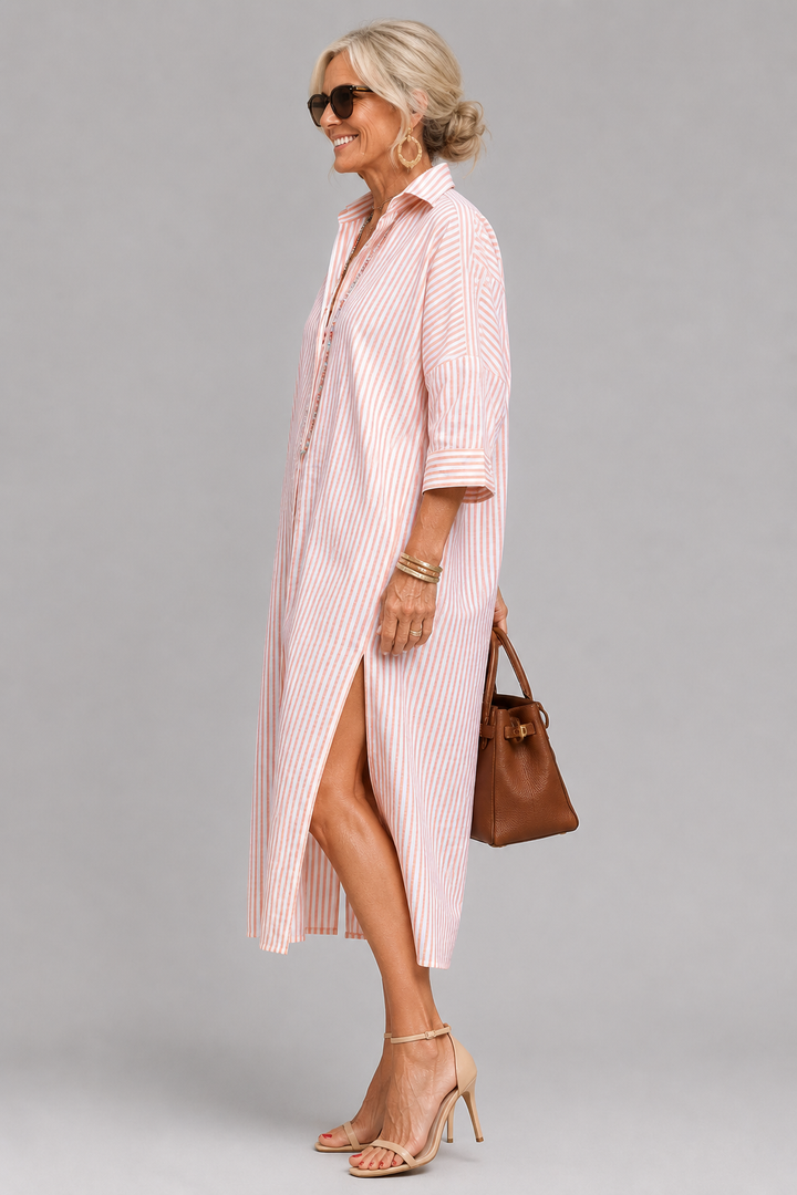 Women's Striped Linen Blend Midi Shirt Dress