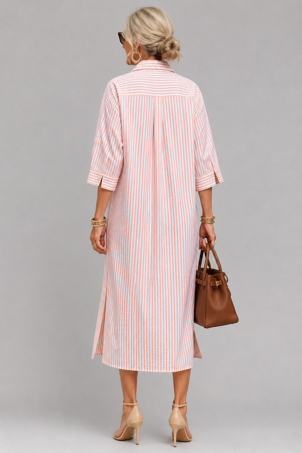 Women's Striped Linen Blend Midi Shirt Dress