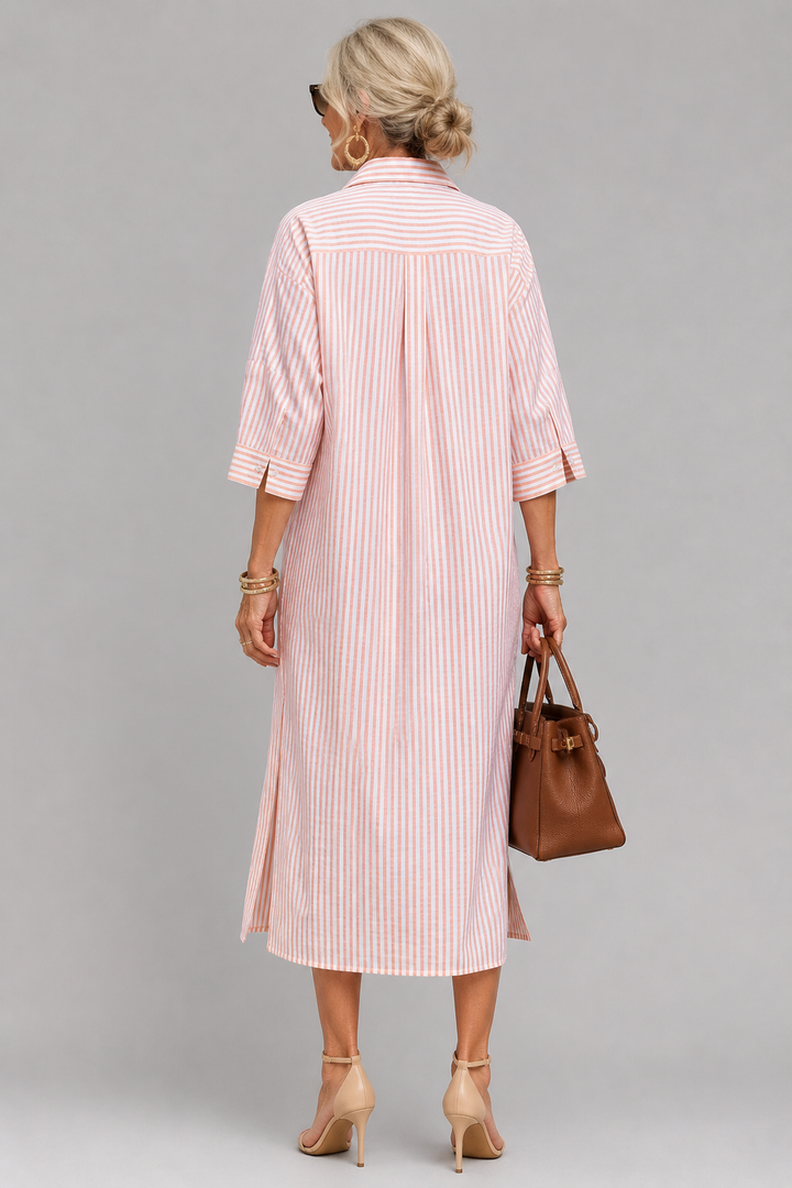 Women's Striped Linen Blend Midi Shirt Dress