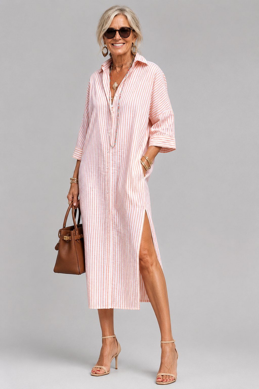Women's Striped Linen Blend Midi Shirt Dress