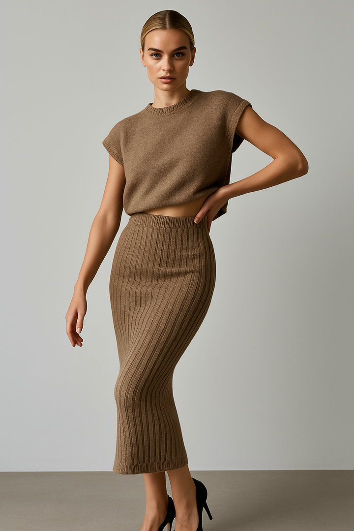 Women Knit Midi Skirt and Short Sleeve Top Two- Piece Set