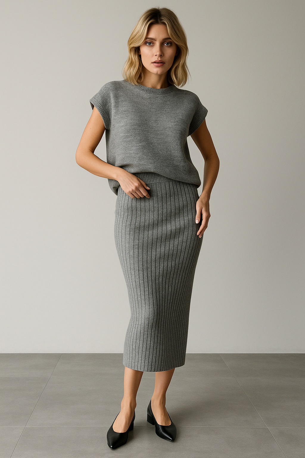 Women Knit Midi Skirt and Short Sleeve Top Two- Piece Set