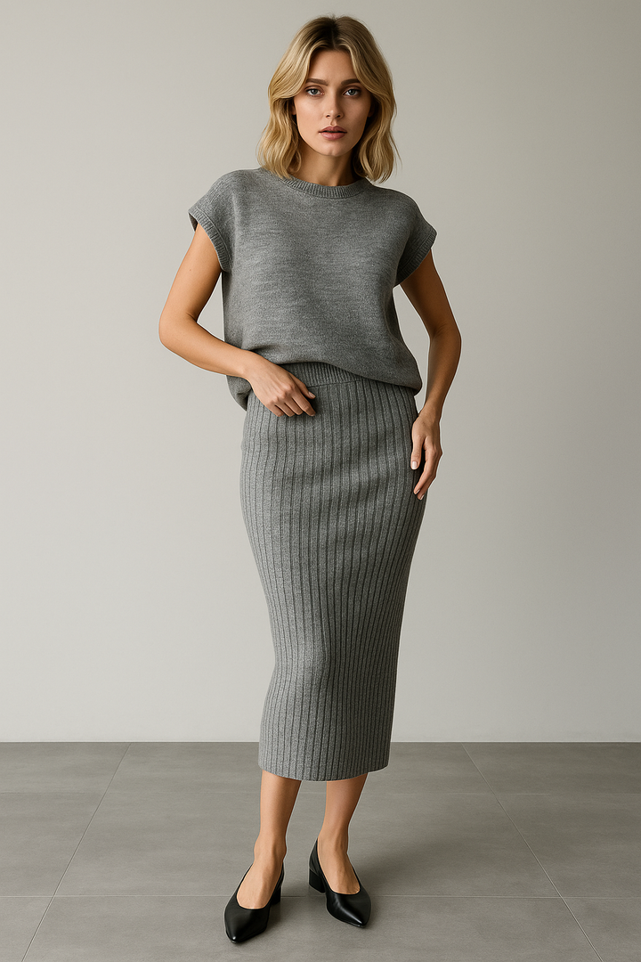 Women Knit Midi Skirt and Short Sleeve Top Two- Piece Set