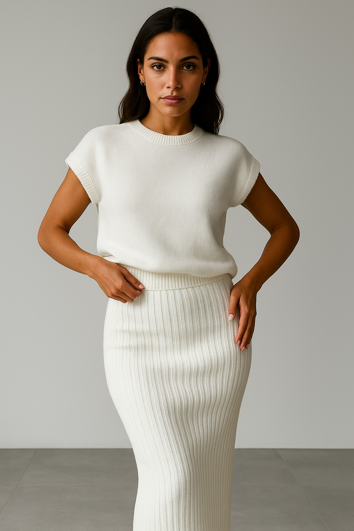 Women Knit Midi Skirt and Short Sleeve Top Two- Piece Set