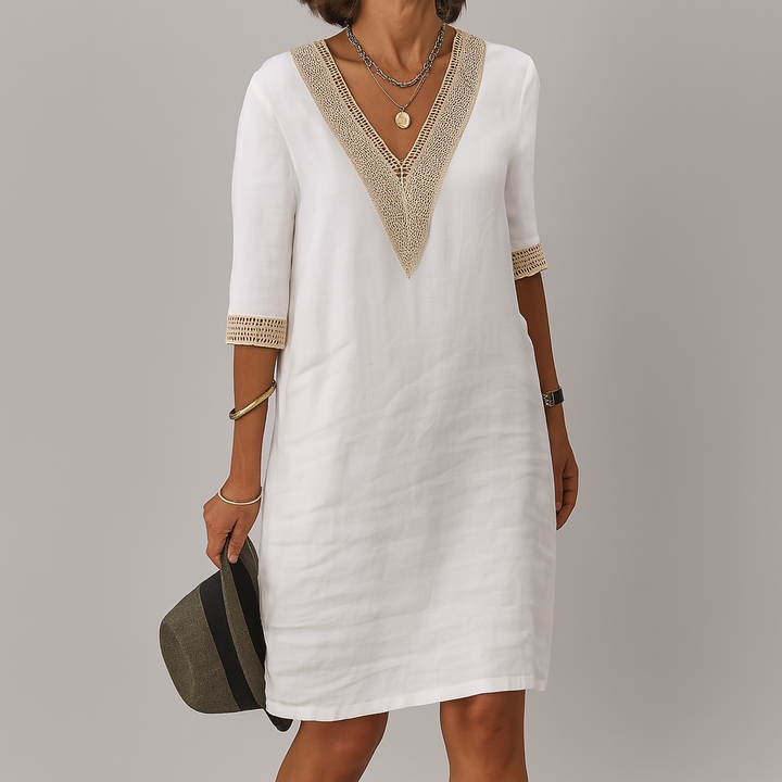 Women's Linen V-Neck Tunic Dress Shift Mini Sundress