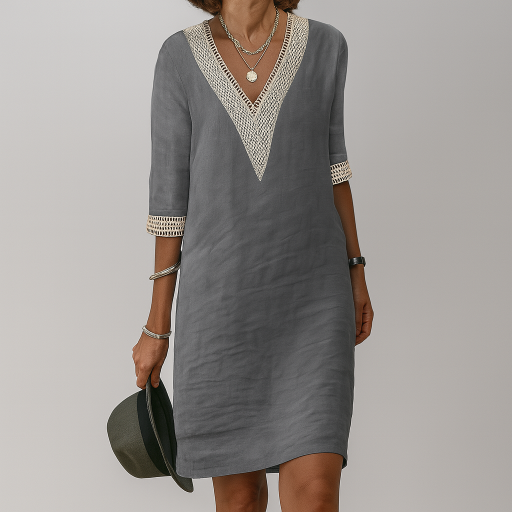 Women's Linen V-Neck Tunic Dress Shift Mini Sundress