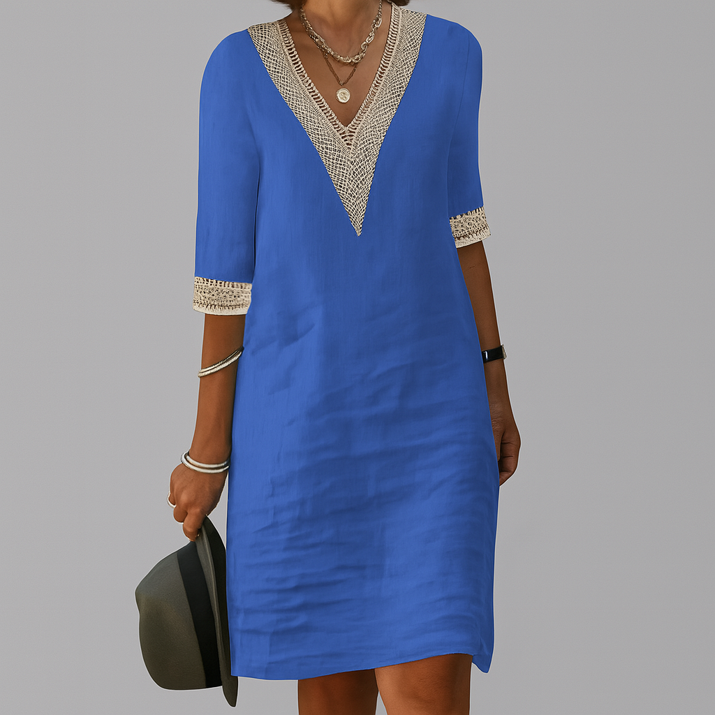 Women's Linen V-Neck Tunic Dress Shift Mini Sundress