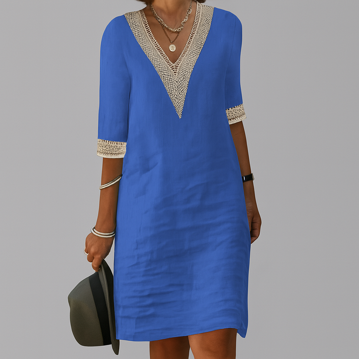 Women's Linen V-Neck Tunic Dress Shift Mini Sundress