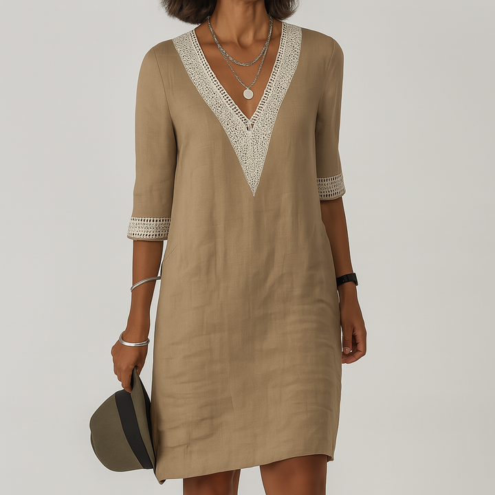 Women's Linen V-Neck Tunic Dress Shift Mini Sundress