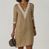 Women's Linen V-Neck Tunic Dress Shift Mini Sundress