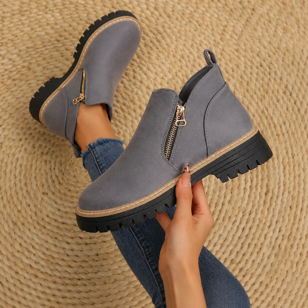 Women's Leather Ankle Boots Zipper Lug Sole Chunky Booties