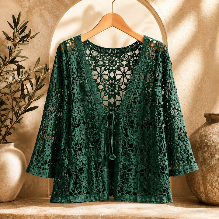 Dámský pletený háčkovaný krajkový kardigan v boho stylu s otevřenou přední částí