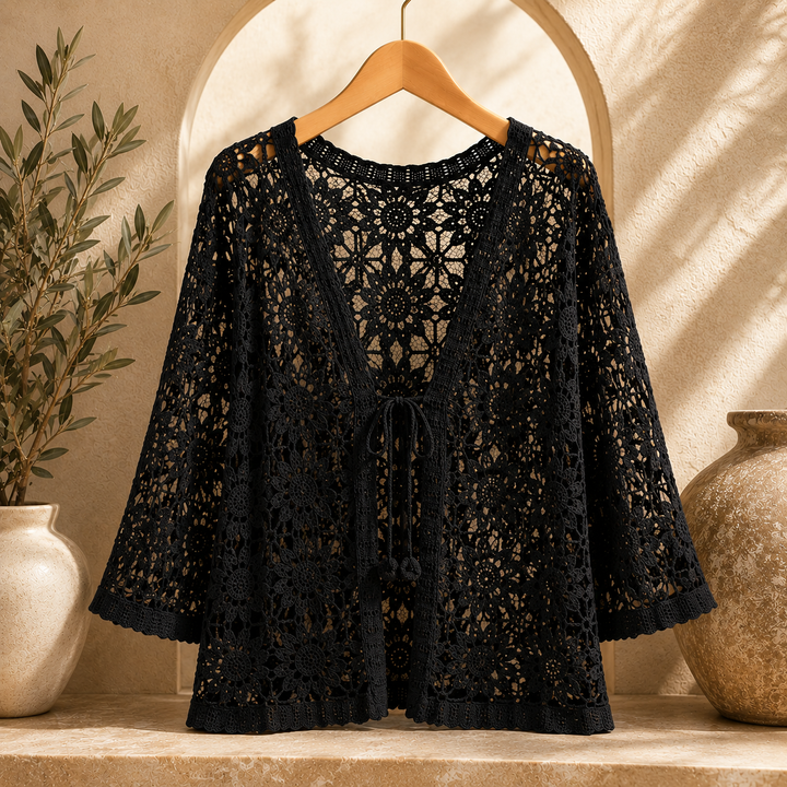 Dámský pletený háčkovaný krajkový kardigan v boho stylu s otevřenou přední částí