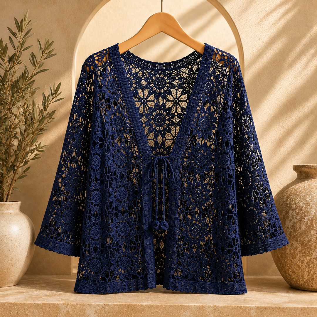 Dámský pletený háčkovaný krajkový kardigan v boho stylu s otevřenou přední částí