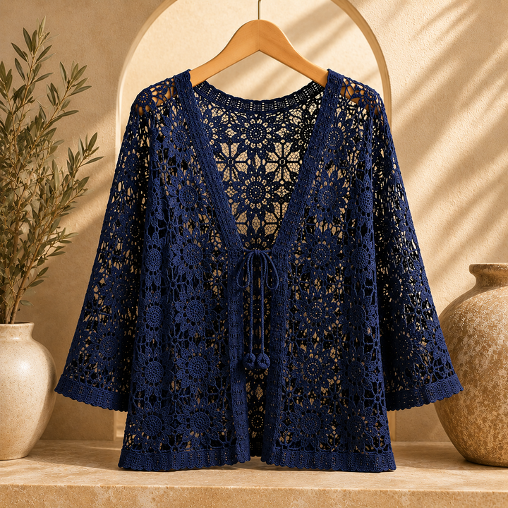 Dámský pletený háčkovaný krajkový kardigan v boho stylu s otevřenou přední částí