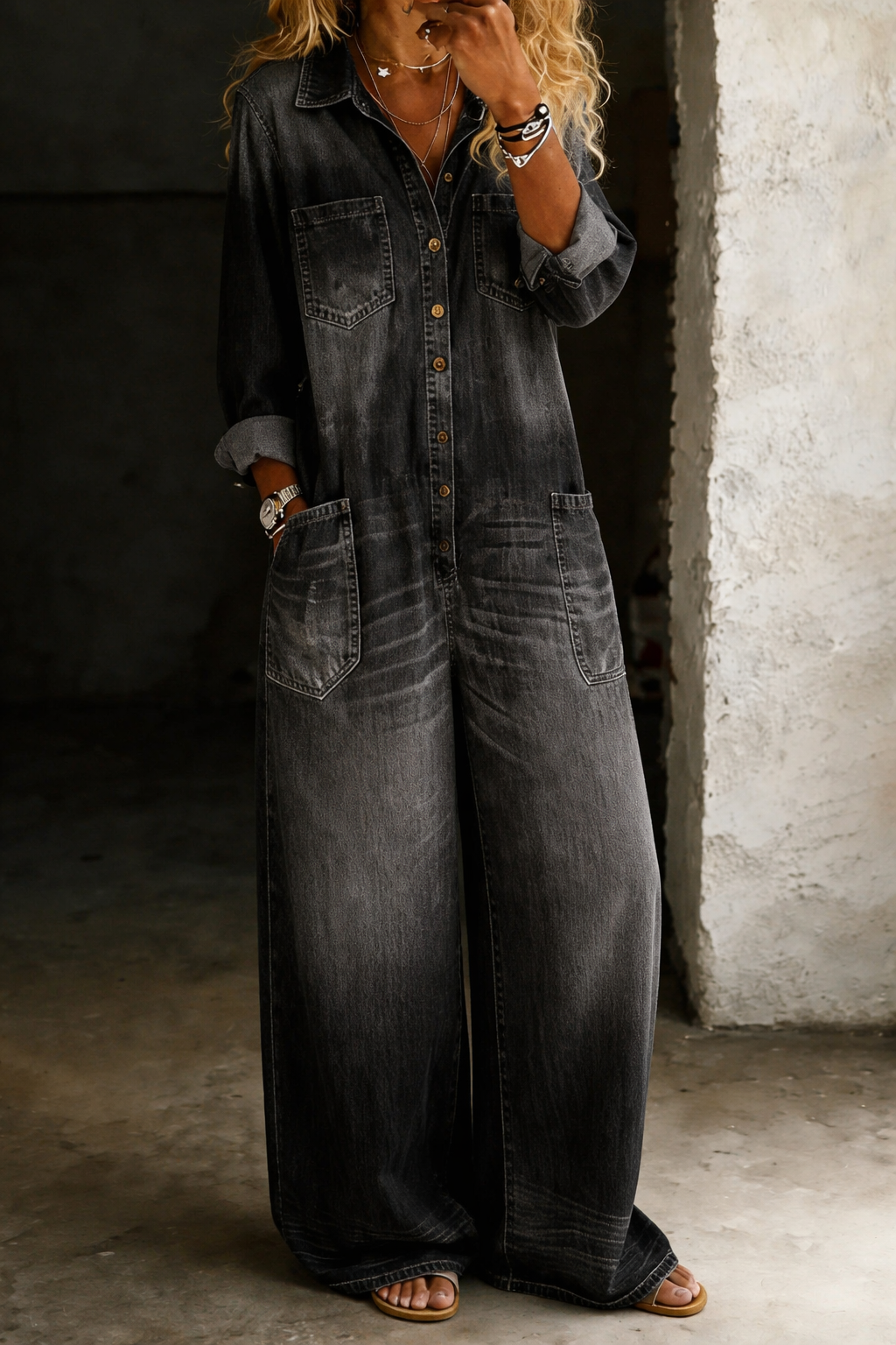 Women's Denim Jumpsuit Wide Leg Long Sleeve One Piece Overalls