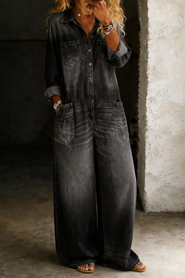 Women's Denim Jumpsuit Wide Leg Long Sleeve One Piece Overalls