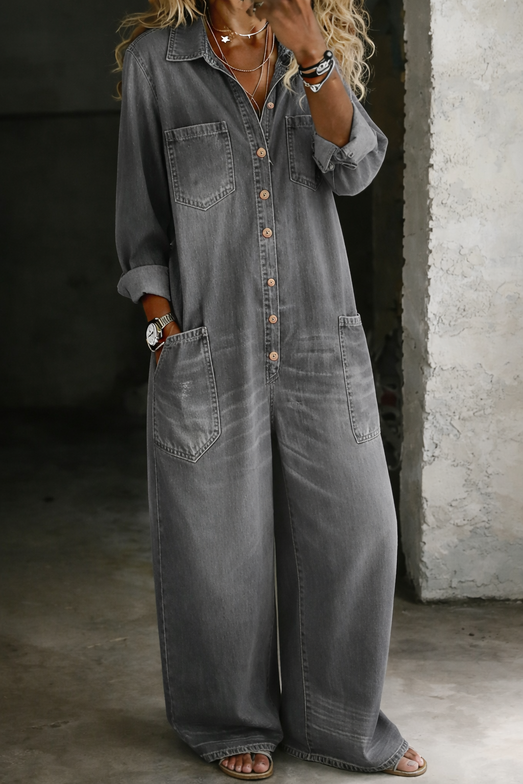 Women's Denim Jumpsuit Wide Leg Long Sleeve One Piece Overalls