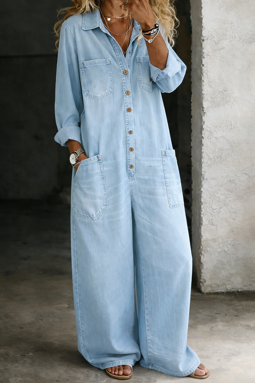 Women's Denim Jumpsuit Wide Leg Long Sleeve One Piece Overalls