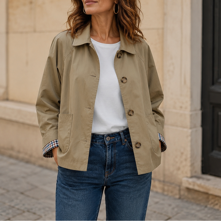 Trench court boutonné à revers pour femme, en nylon mélangé, coupe cropped