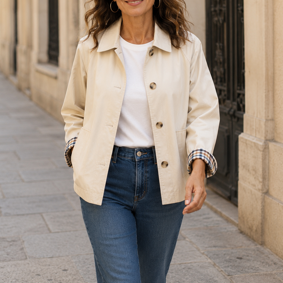Trench court boutonné à revers pour femme, en nylon mélangé, coupe cropped