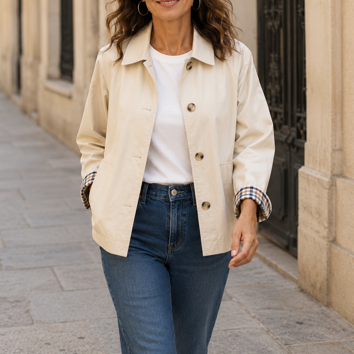 Trench court boutonné à revers pour femme, en nylon mélangé, coupe cropped