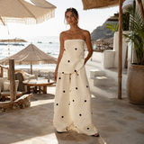 Women's Linen Strapless Top and Wide Leg Pants Polka Dot Co-ord Set