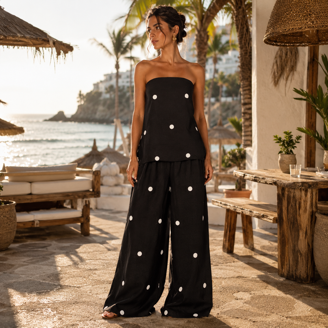 Women's Linen Strapless Top and Wide Leg Pants Polka Dot Co-ord Set