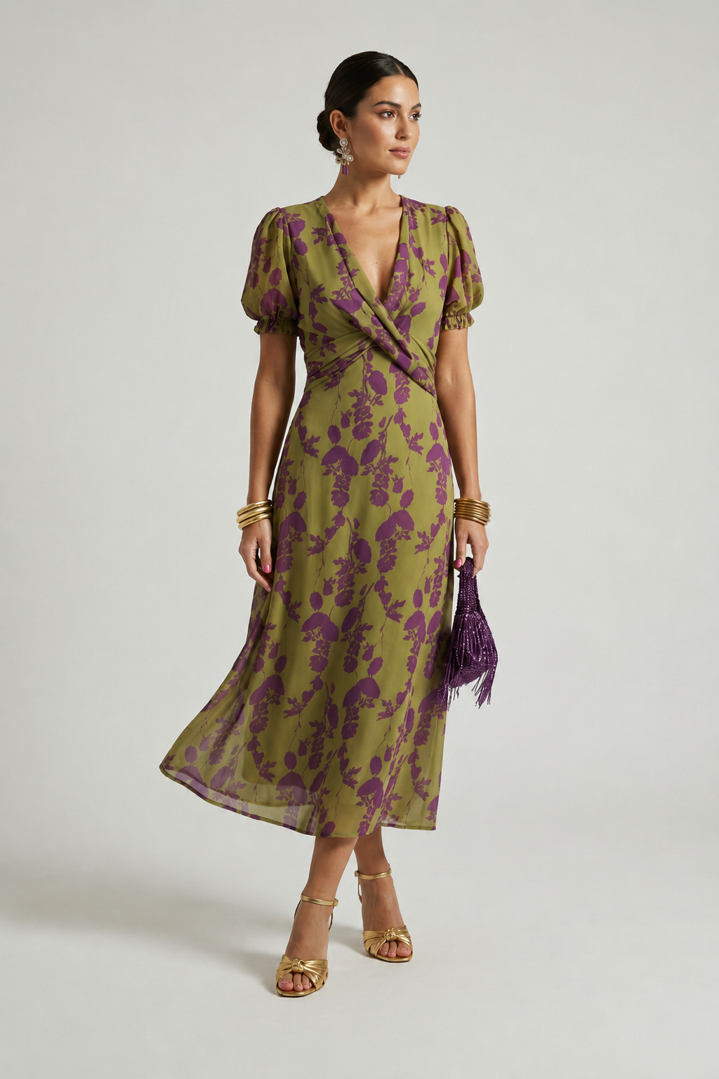 Women's Silk Short Puff Sleeve V Neck A Line Wrap Midi Dress